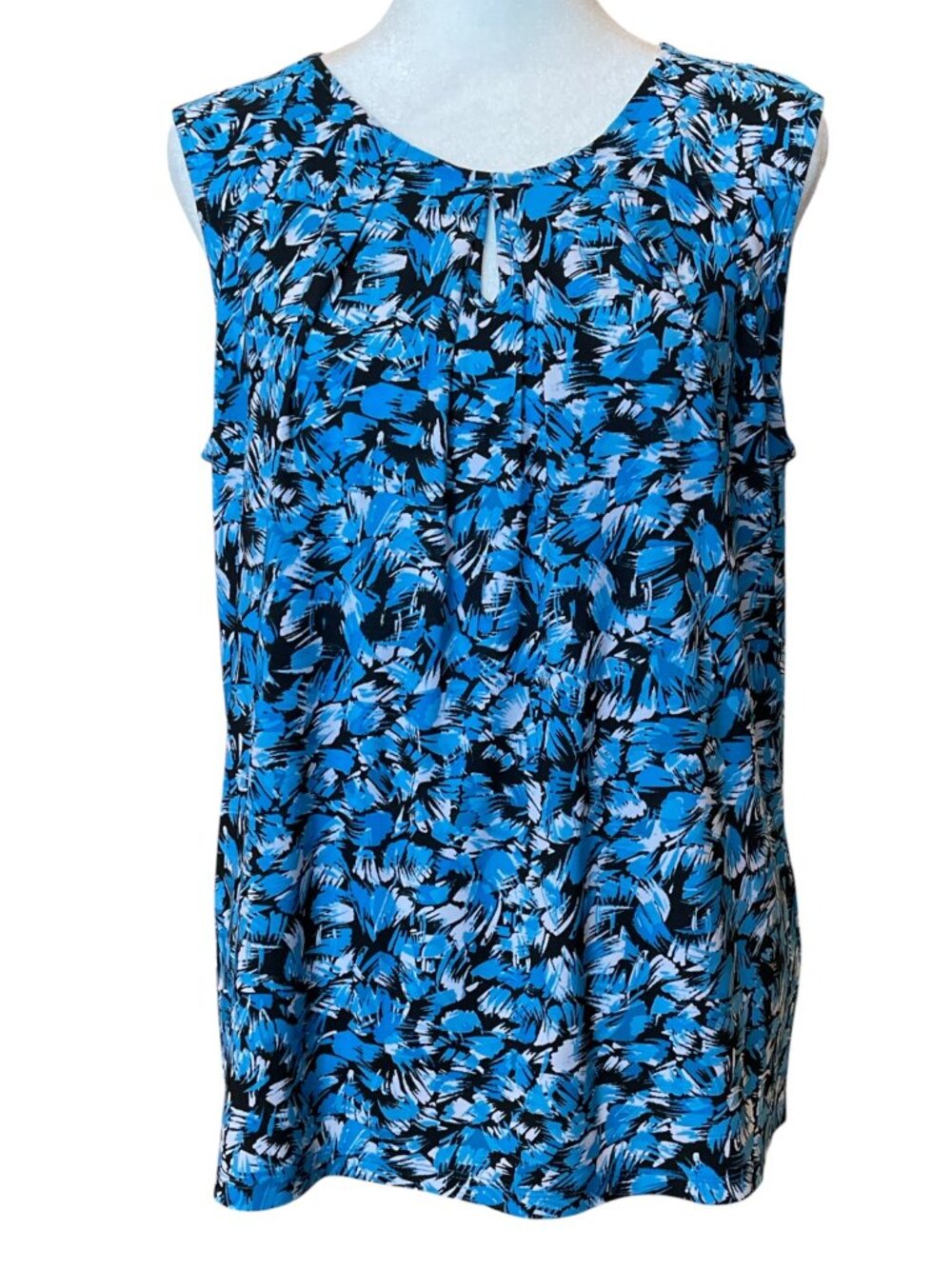 Black Blue White Keyhole Pleated Scoop Neck Sleeveless Shell Blouse Tank Top